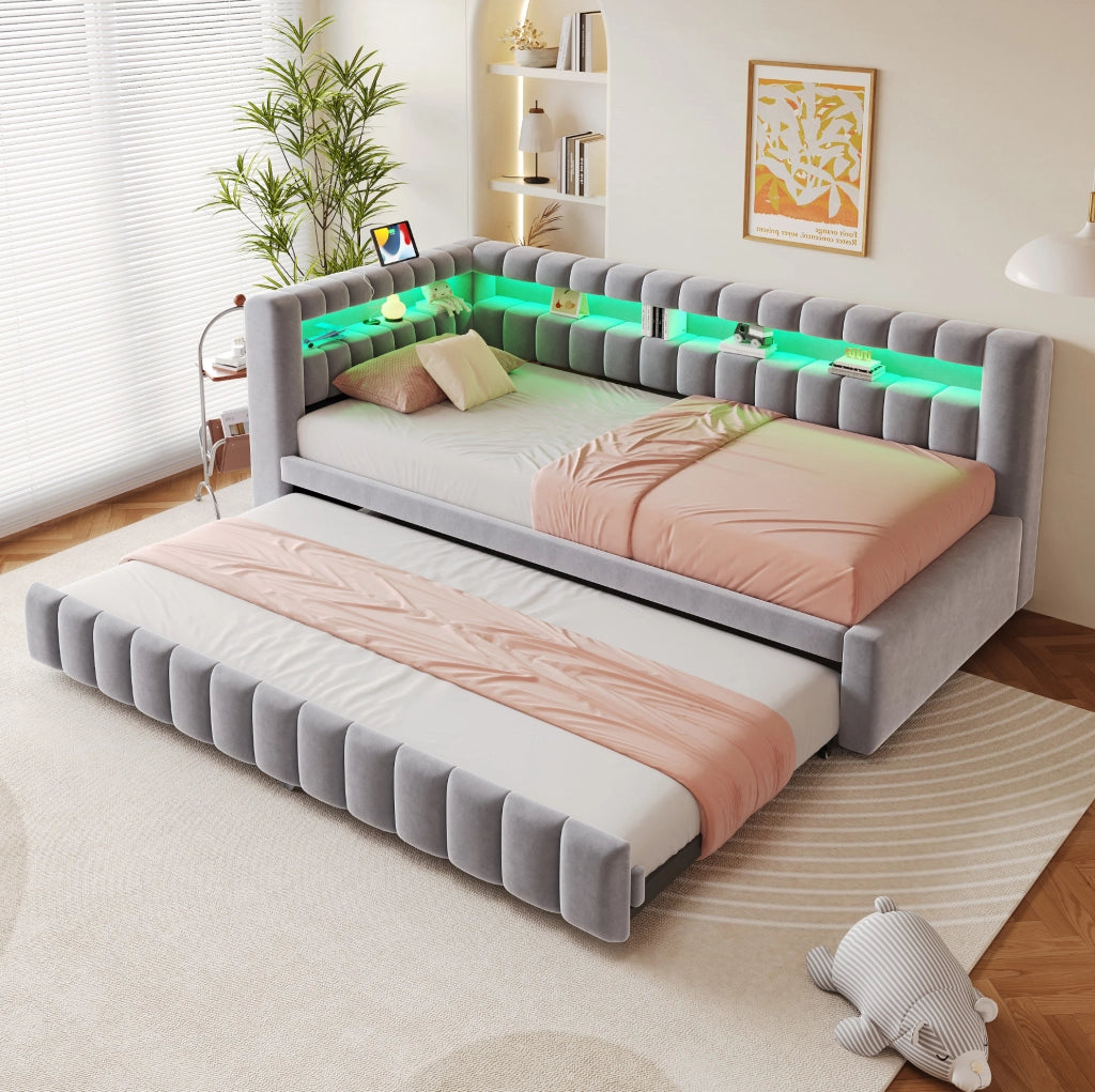 Letto imbottito trasformabile 90x200 cm con LED; USB e ripiani integrati; velluto grigio chiaro