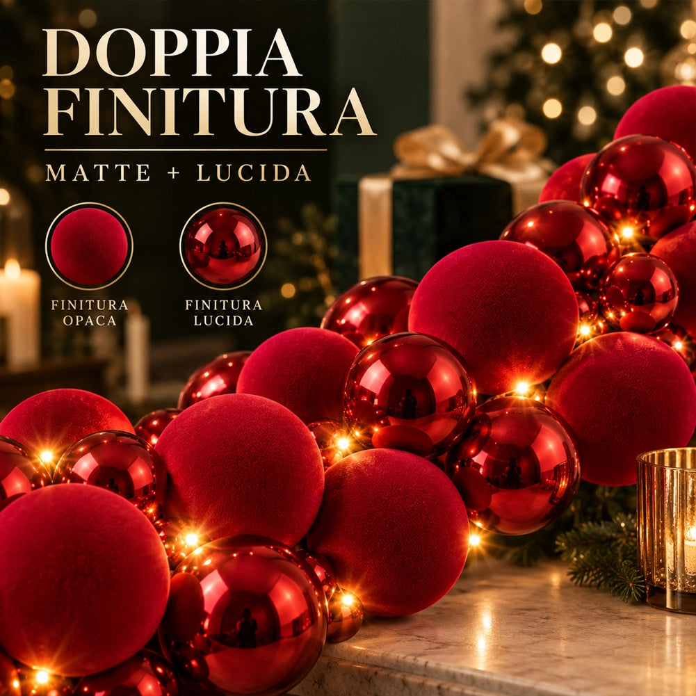 Ghirlanda Natalizia Festone 180cm 142 Sfere e Led Addobbo Lucido e Velluto Rosso