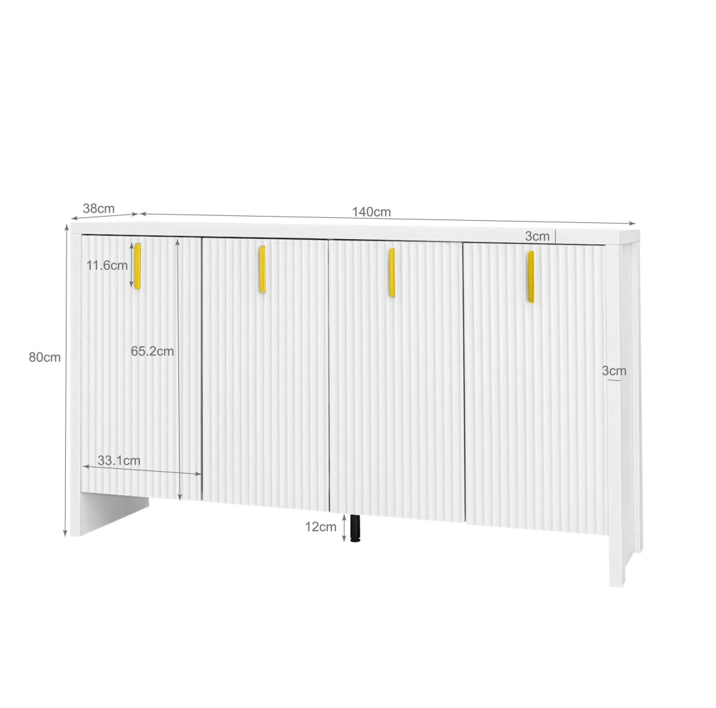 Sideboard bianco moderno con maniglie dorate e ripiani regolabili, 140x38x80 cm