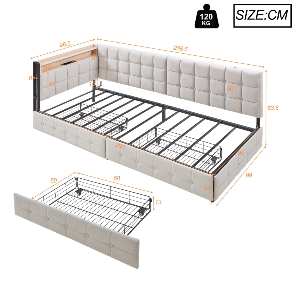 Divano letto in tessuto 90 x 200 cm con 2 cassetti; LED; USB e Type-C; beige