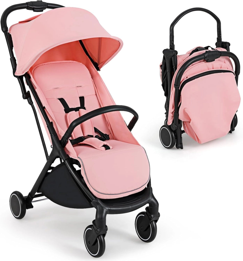 Passeggino Leggero per Bambini, Passeggino da Viaggio con Schienale Regolabile, Passeggino Portatile per Bambini con Schienale Reclinabile e Cappotta Regolabile, per Bambini 0-3 Anni (Rosa)