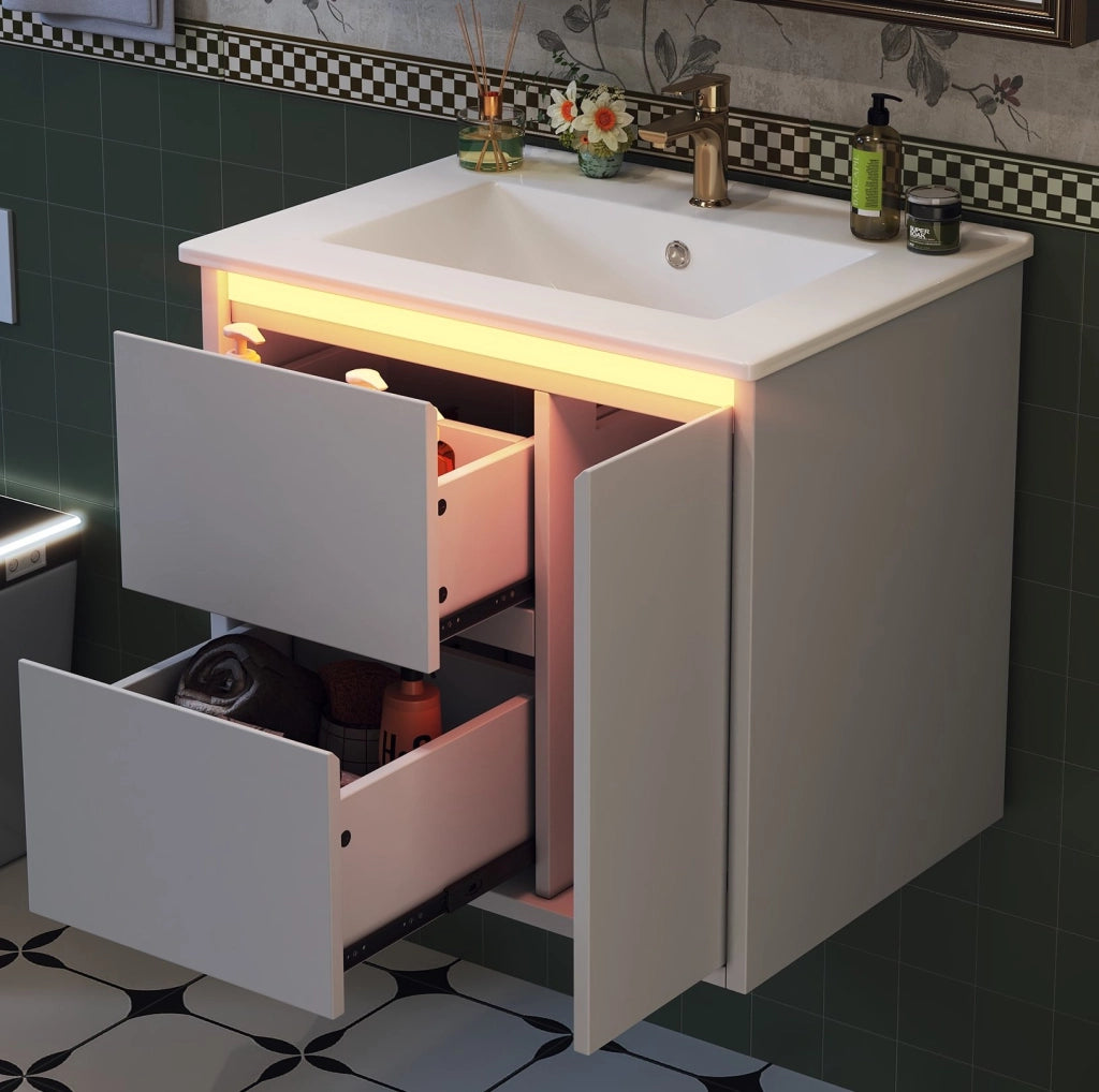 Mobile lavabo sospeso bianco con lavabo integrato e LED sensore