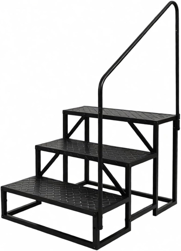Scala esterna a 3 gradini per camper con corrimano - Antiscivolo; in acciaio robusto; portata 300 kg - Nastro giallo/nero; 3   livello