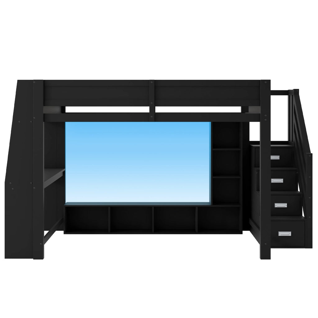 Letto a soppalco 140x200 in legno con scrivania e LED; nero