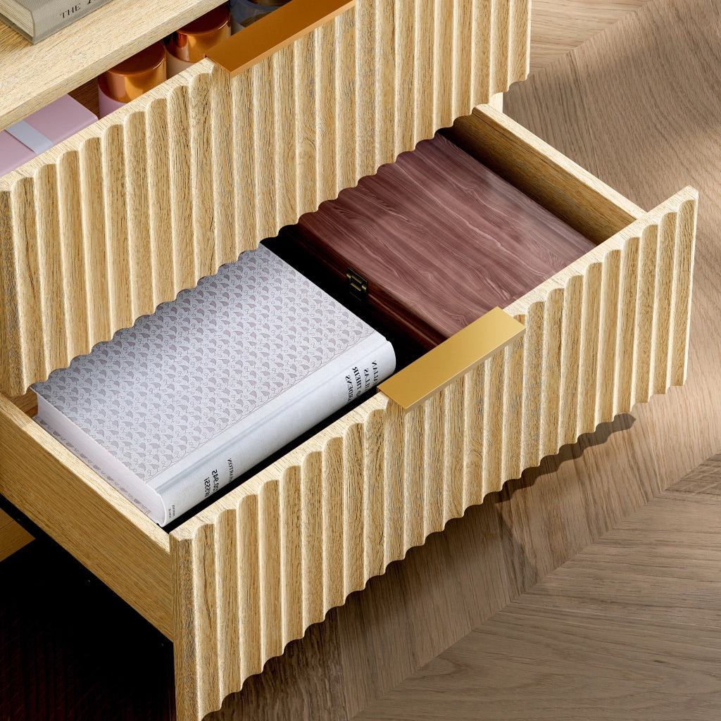 Comodino con 3 cassetti e guide ammortizzate per camera da letto; in MDF; rovere