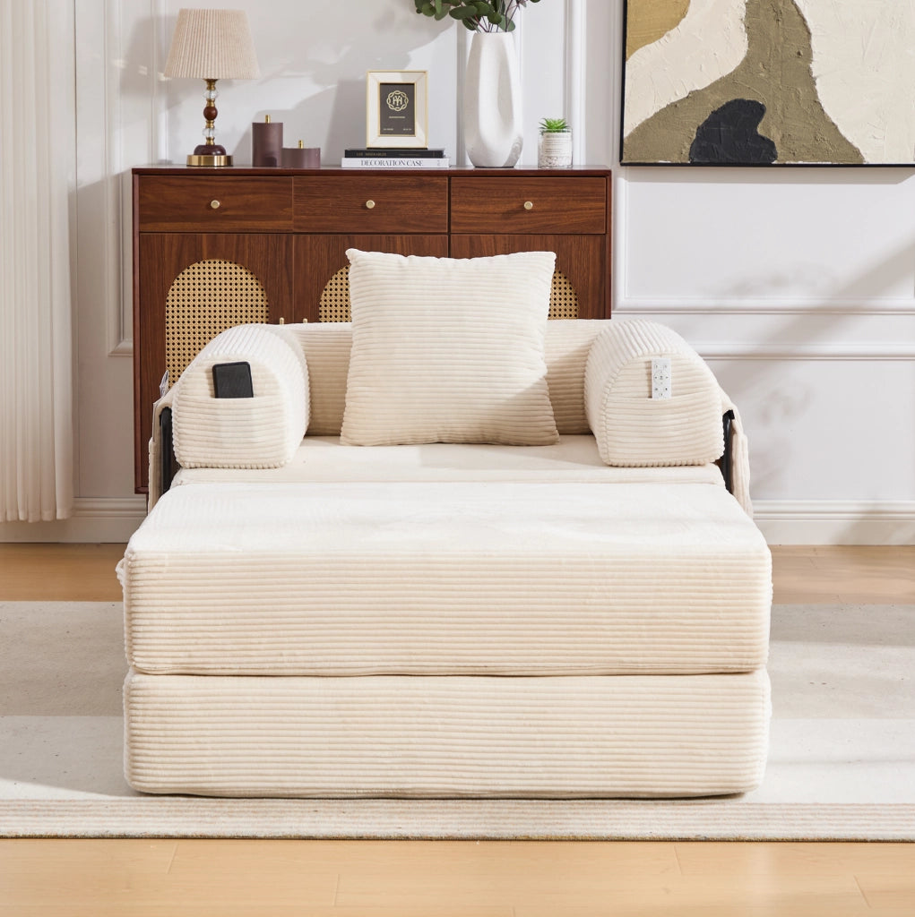 Divano modulare con pouf in velluto a coste; tasca laterale e cuscino; beige 112×190×67 cm