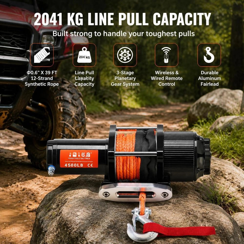 Electric Winch, 2048 Kg Pulling Force, 12 V DC For Off-road Vehicles/UTVs, With 12-strand Synthetic Rope (Φ1/4 Inch X 39 Feet), Aluminum Rope Guide, Remote Controls, IP55 Water Resistance