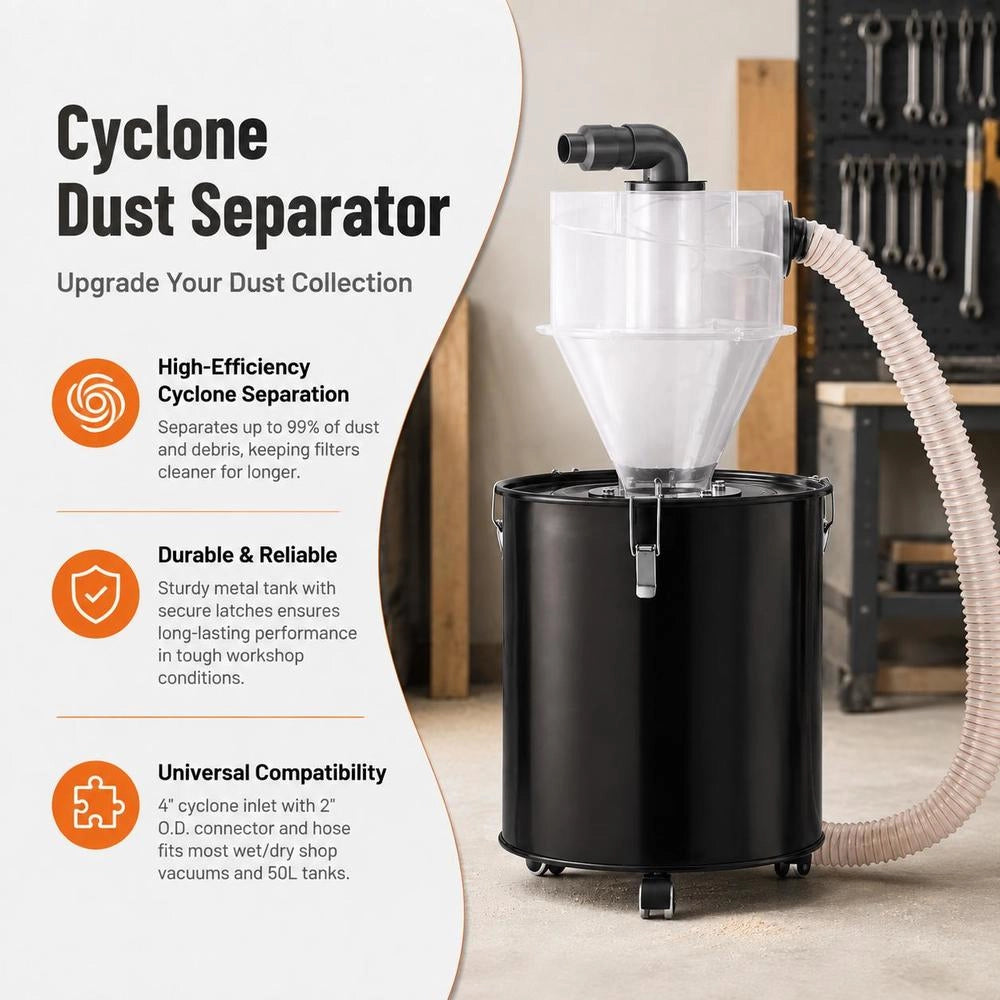 Cyclone Dust Separator With Metal Tank, 4-inch Retrofit Cyclone Separator For Dust Collectors, ABS Dust Separator With 2-inch Outer Diameter Connection And Hose For Wet/dry Vacuum Cleaners, Suitable For 13.21-gallon Tanks
