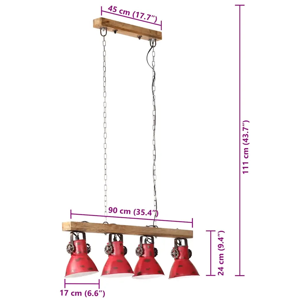 Lampada da soffitto a 4 paralumi stile industriale soggiorno ufficio 90 x 24 x 111 cm in ferro rosso sbiadito 02_0047495
