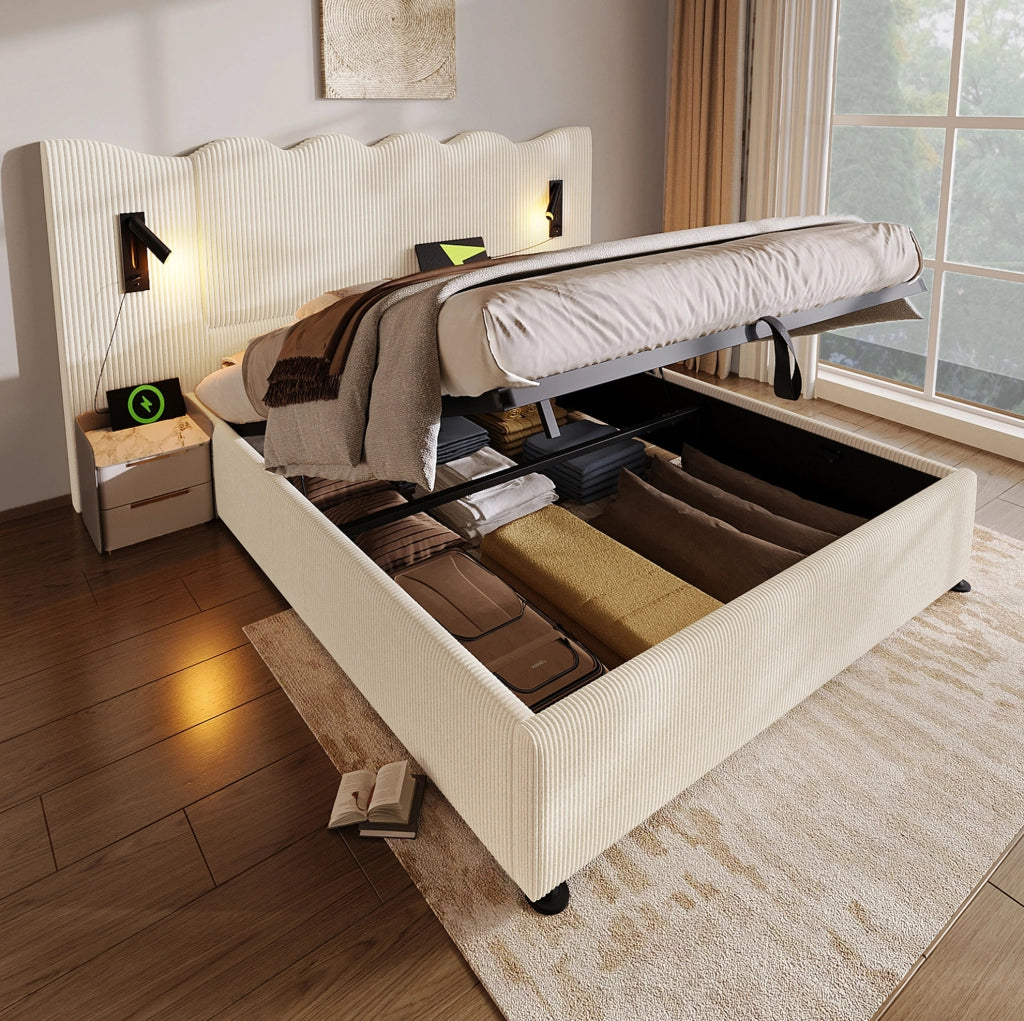 Letto contenitore 180x200 cm in velluto a coste con lampade LED, USB e Type-C, beige-bianco