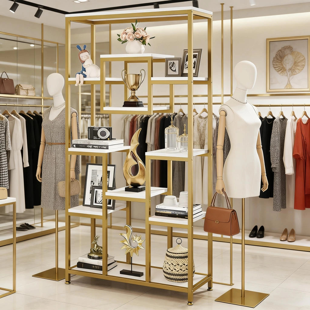 LIBRERIA Geometrica 11 ripiani aperti in metallo e legno oro e bianco