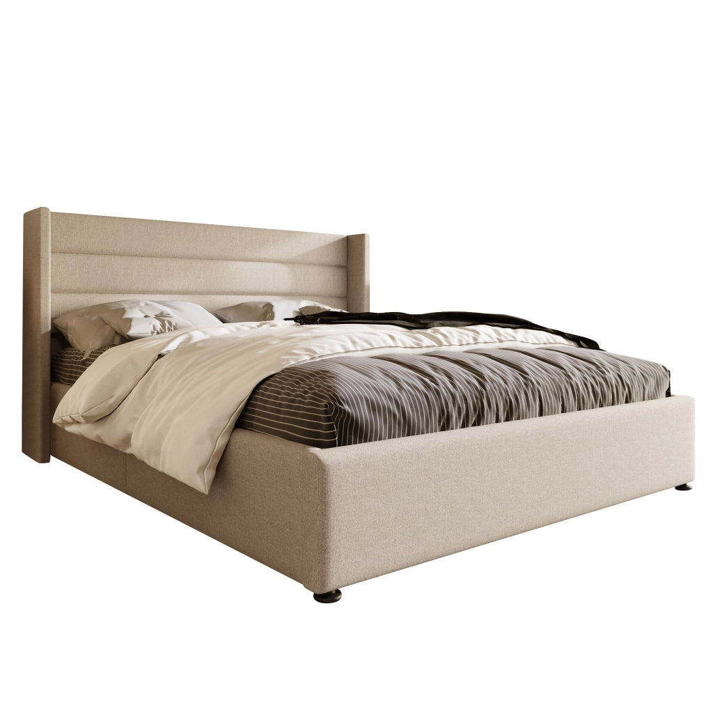Letto imbottito con contenitore e rete sollevabile 140x200 cm; in lino beige