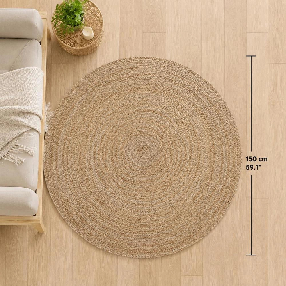 Round Jute Braided Rug 150 Cm, Natural Woven Floor Carpet For Living Room Bedroom Dining Area, Boho Farmhouse Home Decor