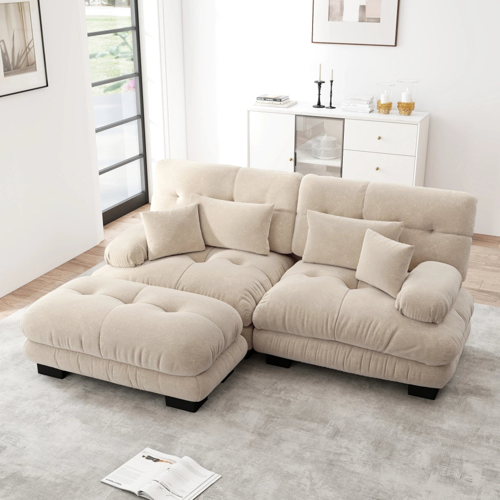 Divano Angolare con Ottoman ¨C MINIMAL ¨C Chenille, Braccioli Larghi, Tortora Chiaro