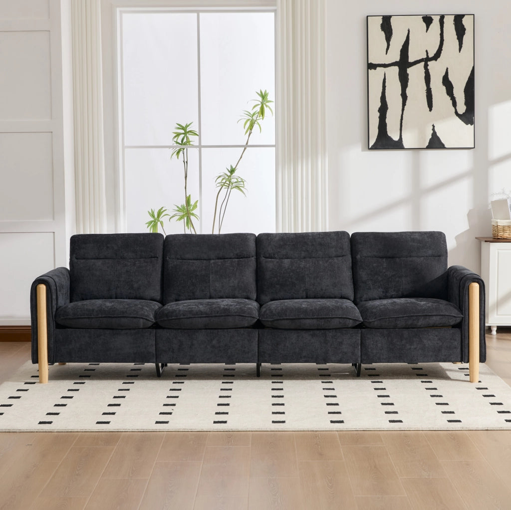 Divano 4 posti 261x77x86 cm in ciniglia nera con 2 pouf contenitore