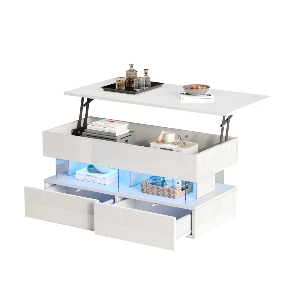 Tavolino da salotto sollevabile 100 x 50 x 46 cm bianco con 2 cassetti e LED