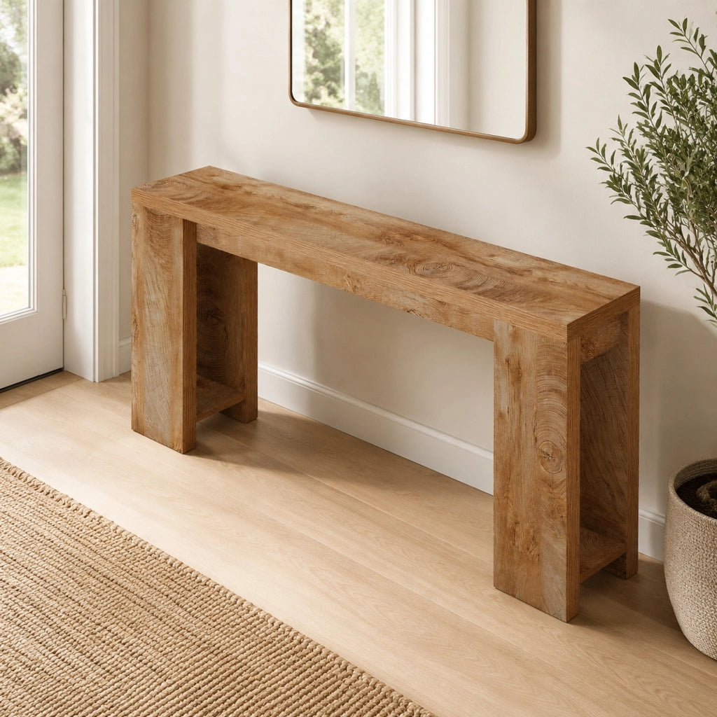 Tavolo consolle extra lungo marrone in legno, stile rustico