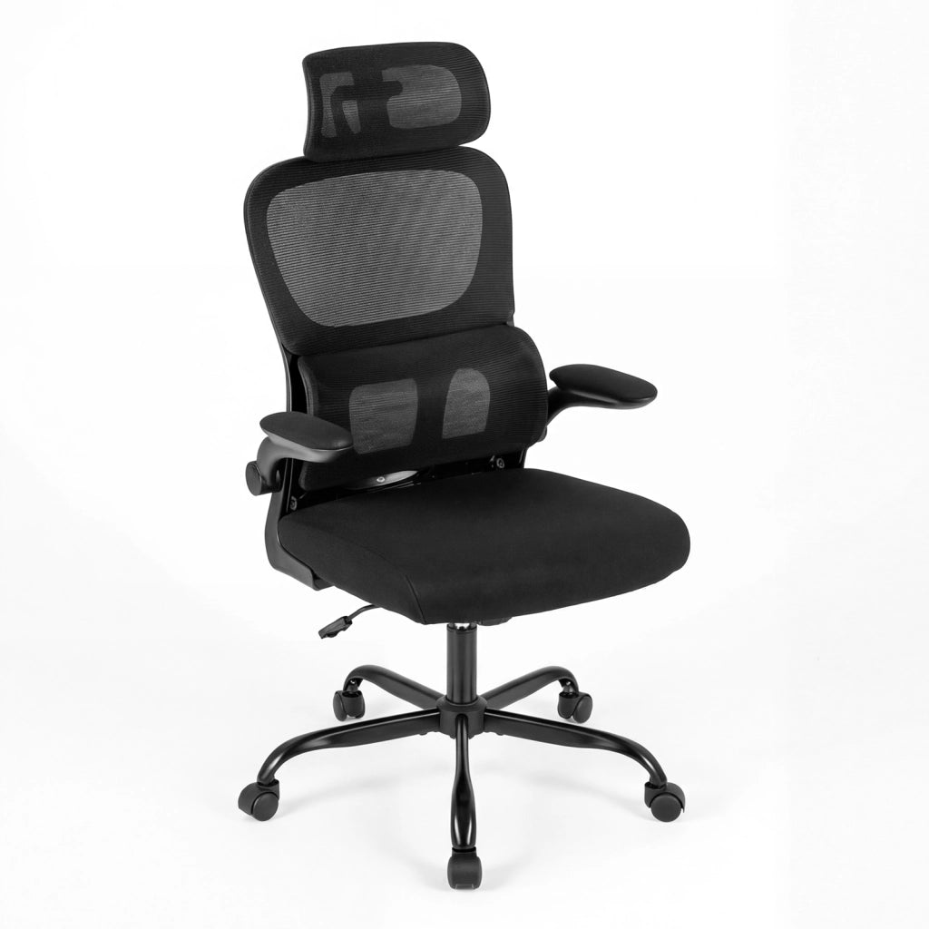 Sedia ufficio ergonomica ruote schienale alto rete supporto lombare, Sedia poggiatesta regolabile braccioli ribaltabili seduta imbottita spugna