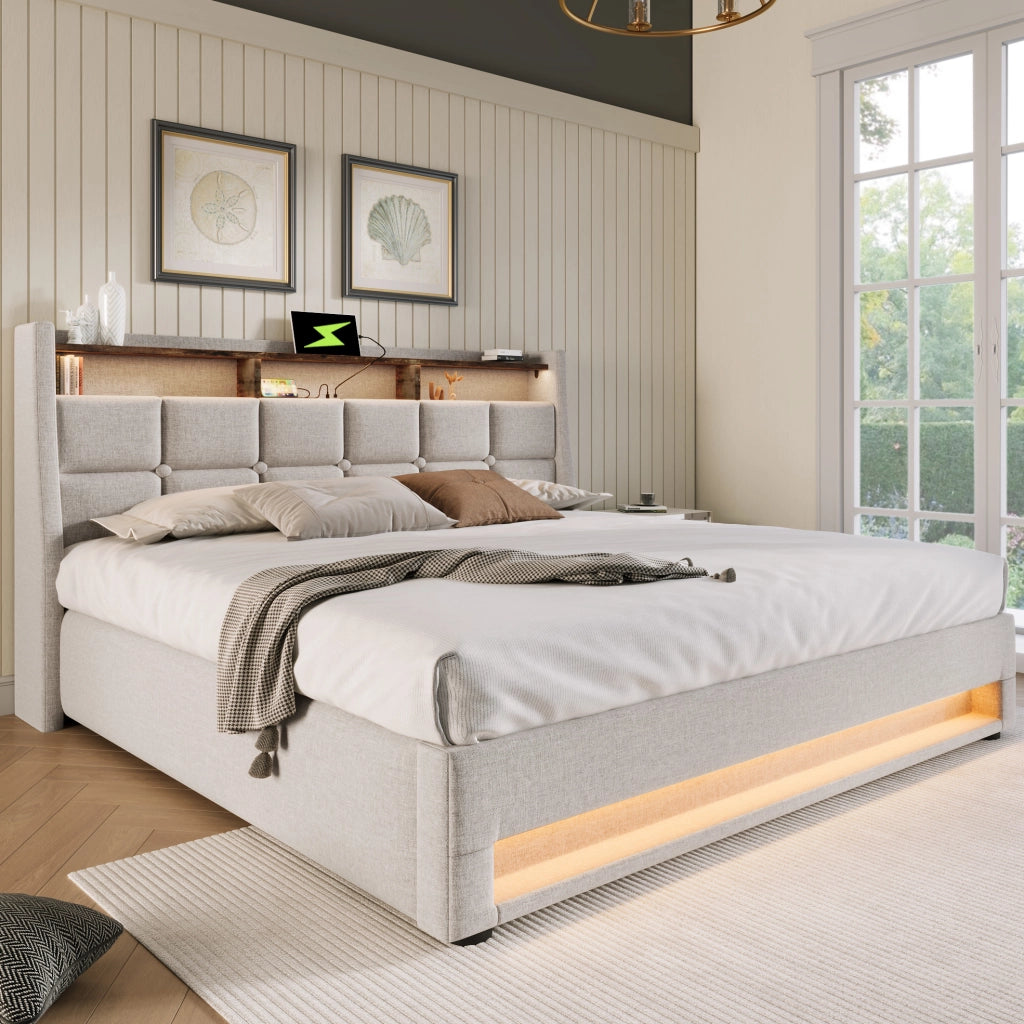 Letto imbottito 140x200 cm beige con LED, USB e contenitore