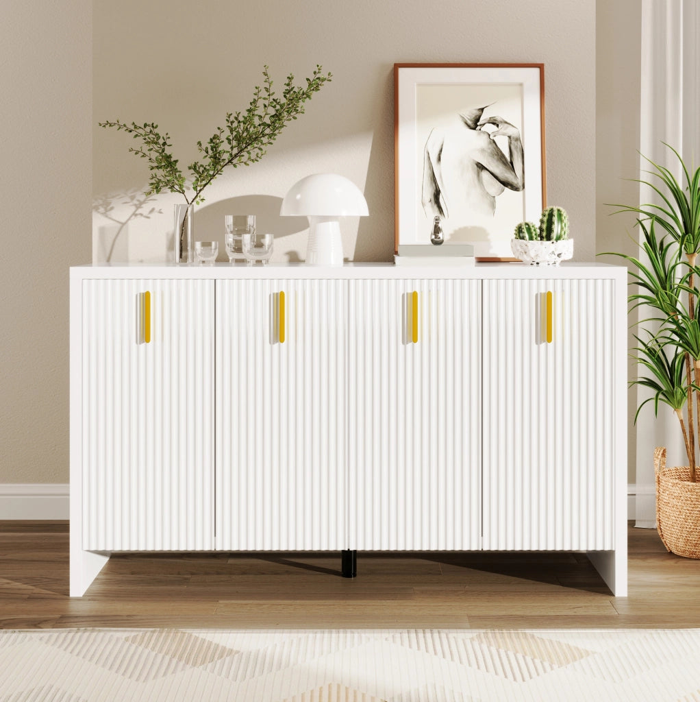 Sideboard bianco moderno con maniglie dorate e ripiani regolabili, 140x38x80 cm