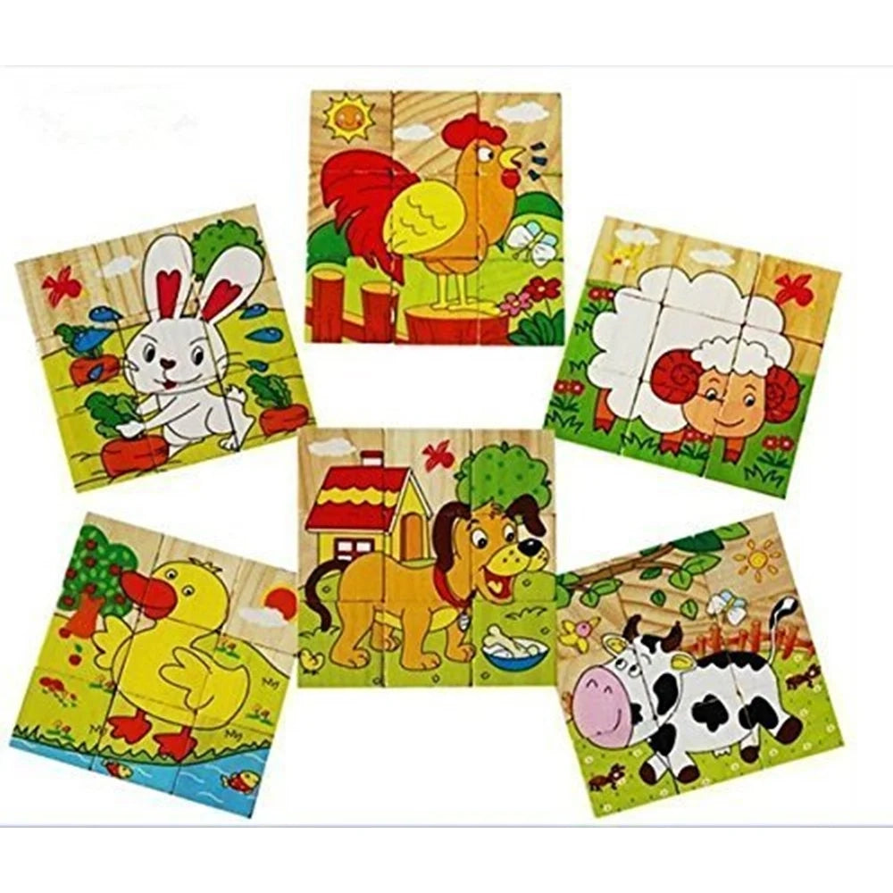 Trade Shop - Puzzle Rompicapo Cubi Legno Per Bambini Design Animali Fattoria Giocattoli Educativi 31586 -