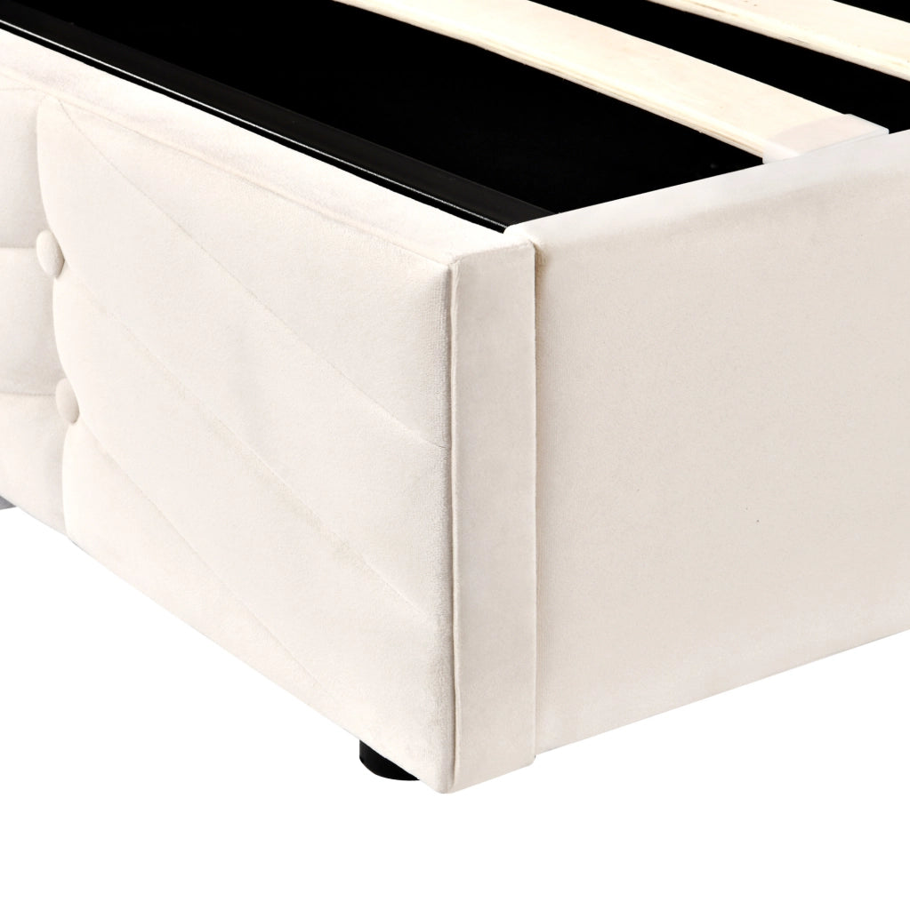 Letto imbottito 140 × 190 cm con rete a doghe e testiera regolabile in velluto beige