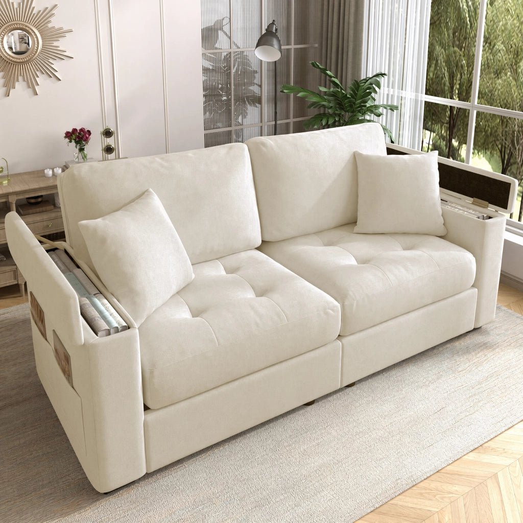 Divano 2 posti moderno 180 cm in tessuto ciniglia beige con contenitore e 2 cuscini