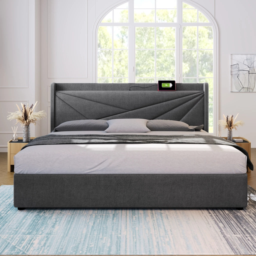 Letto contenitore matrimoniale 160 × 200 cm con USB e Type-C, testiera imbottita, materasso incluso, grigio