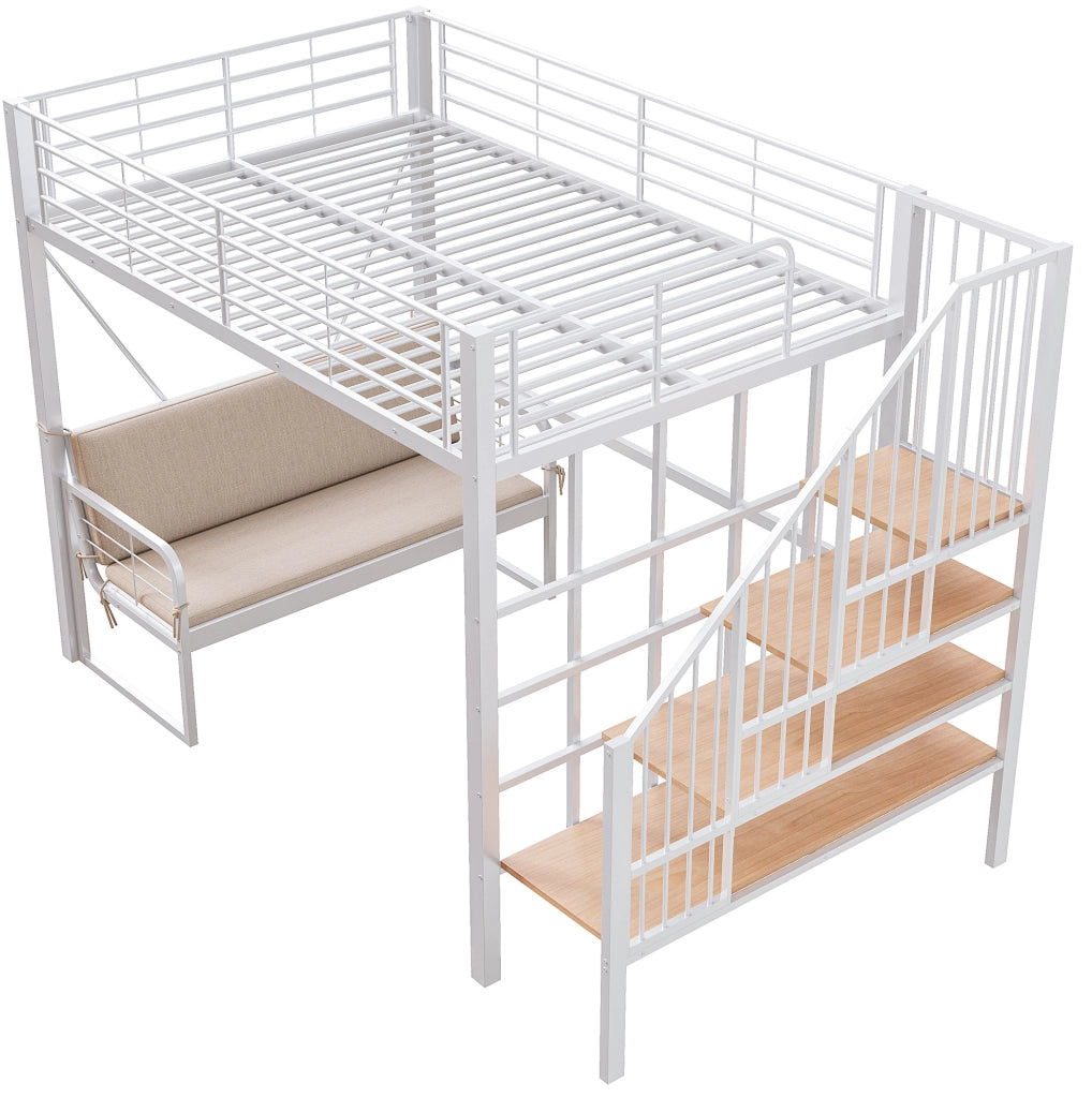 LETTO A CASTELLO 140x200 cm in metallo e MDF bianco con scala contenitore