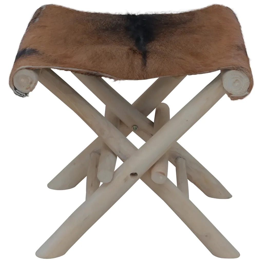 Sgabello Pieghevole in Pelle di Capra e Legno di Teak CFW1192439