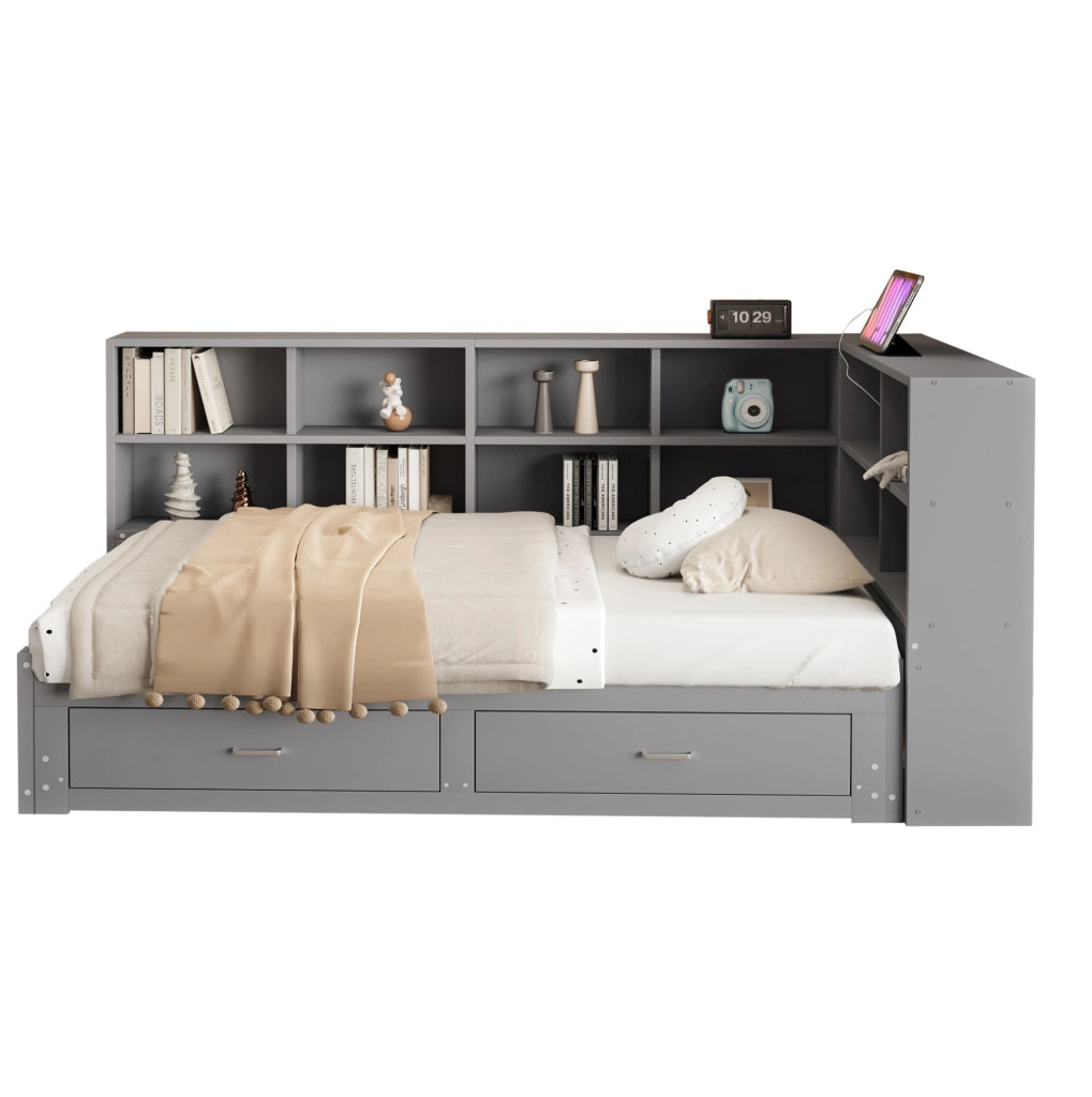 Letto estraibile in legno massiccio 90/180 x 190 cm con spazio contenitivo, presa elettrica multifunzione e cassetti, colore grigio