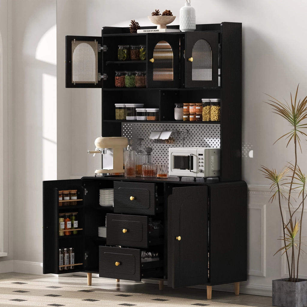 Credenza alta con 1 anta, 3 cassetti e pannello forato per cucina, in MDF, nera