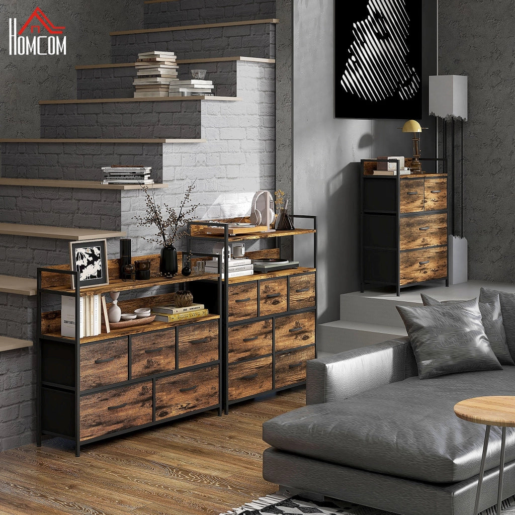 Cassettiera Stile Industriale con 7 Cassetti in Tessuto Rimovibili 79x29x101 cm Struttura in Legno e Acciaio Marrone e