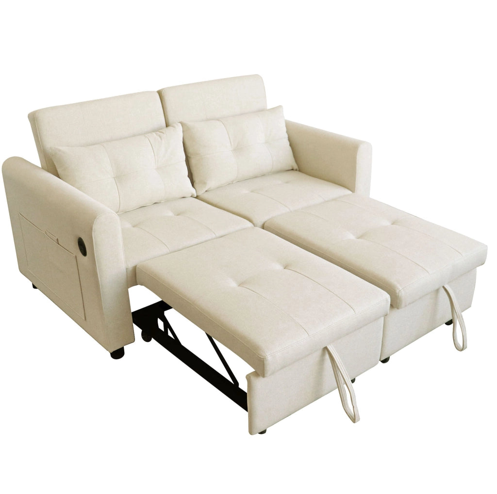 Divano letto 3 in 1 beige con USB, schienale reclinabile e cuscini