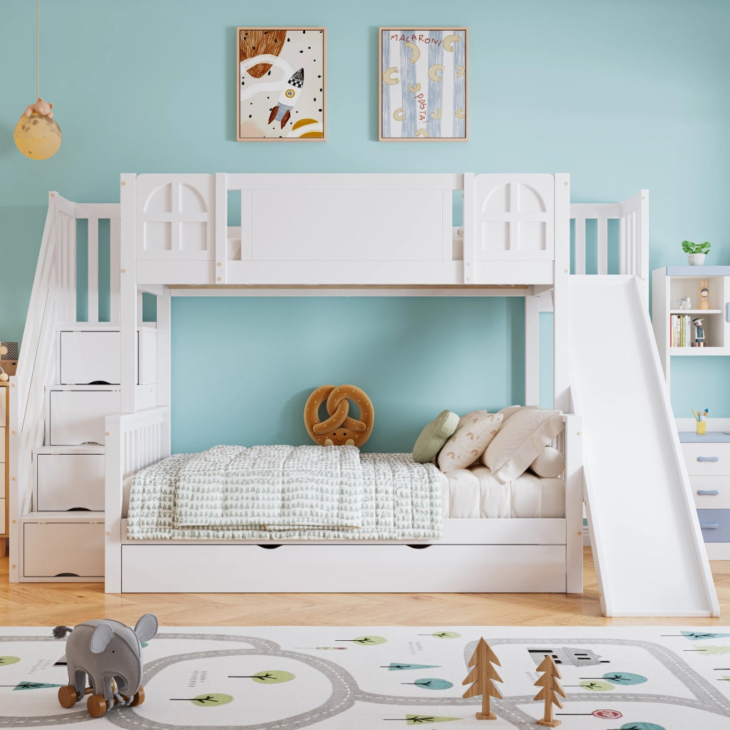 Letto a castello per bambini con finestra, scivolo, cassetti su ruote, scala con corrimano e 4 armadietti, pino e MDF - Bianco 90x200 cm