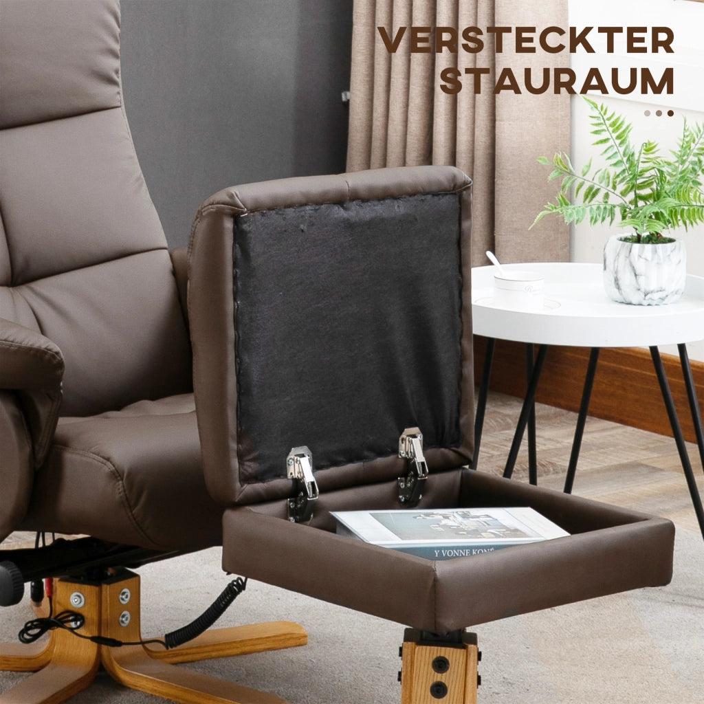 Poltrona relax con pouf e massaggio; reclinabile a 145° e girevole 360°; in similpelle marrone