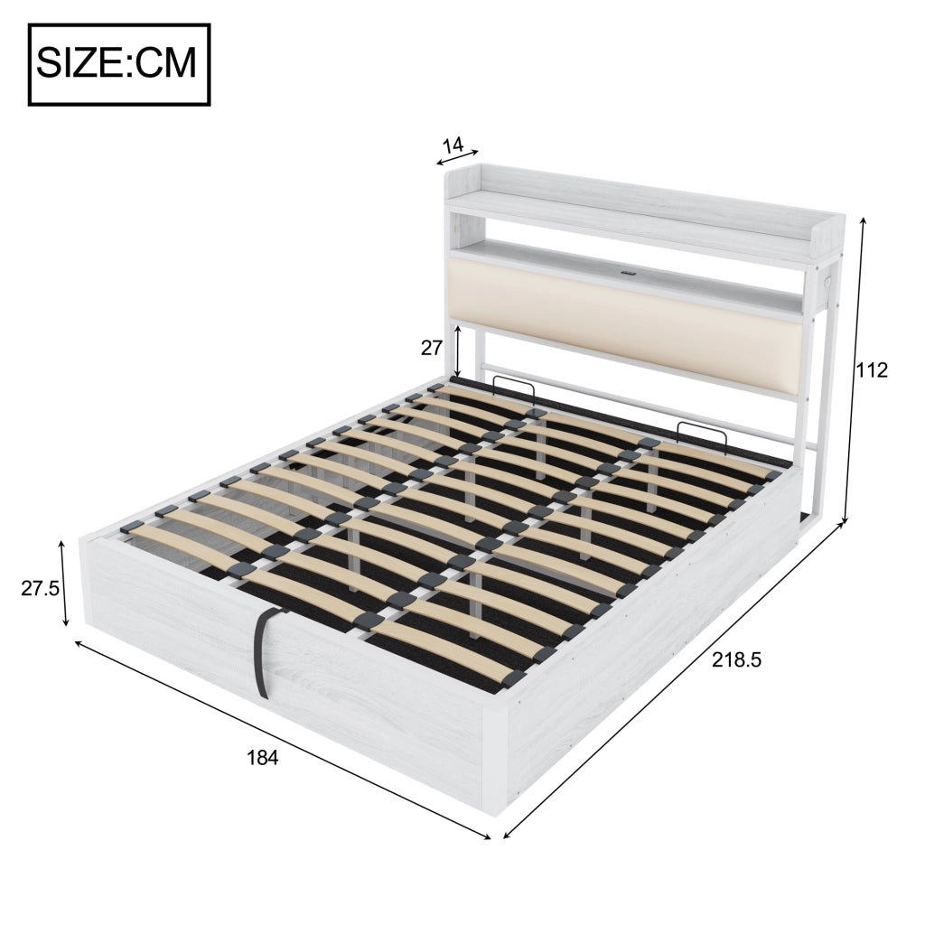 Letto matrimoniale contenitore 180 × 200 cm con testiera imbottita porte USB metallo tessuto MDF bianco