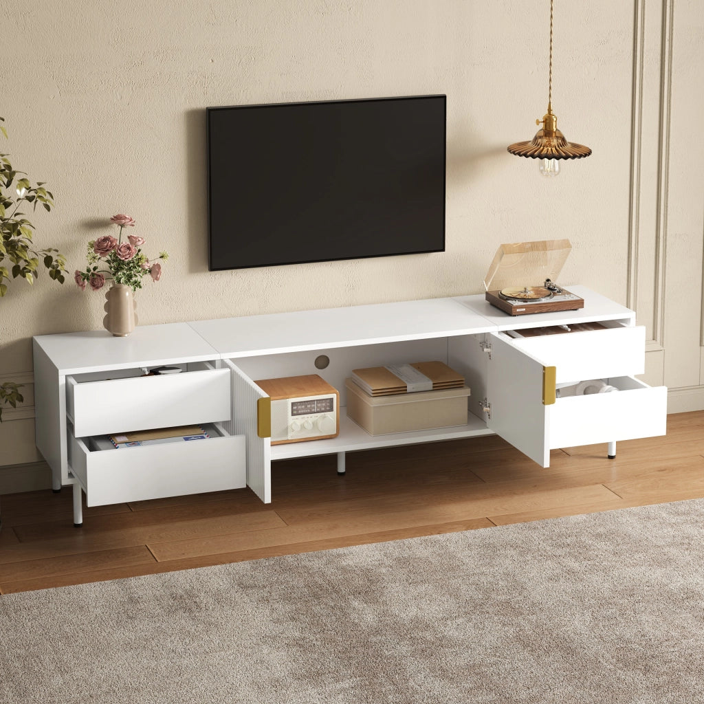 Mobile TV 180 cm con 4 cassetti e 2 ante scanalate, MDF e truciolare, bianco