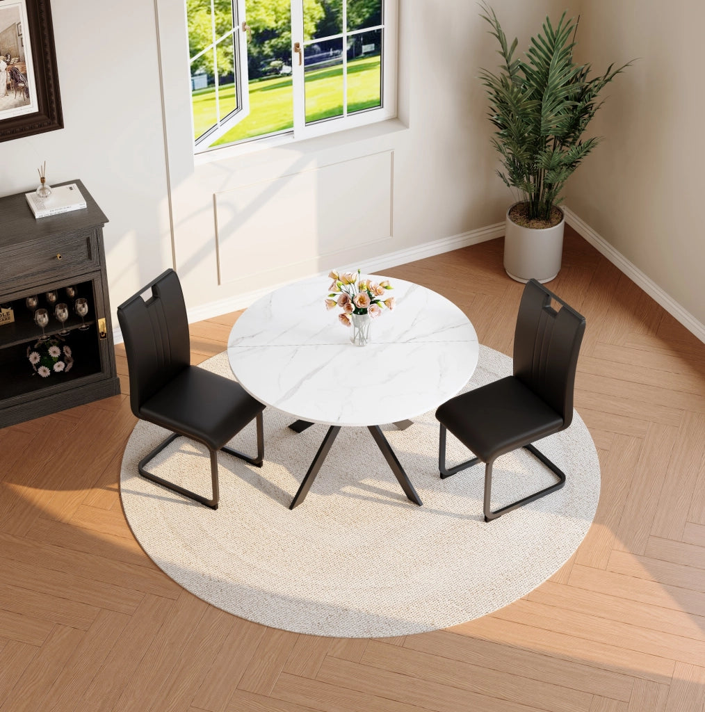 Set da Pranzo con Tavolo Rotondo Effetto Marmo Bianco e 2 Sedie Nere in Pelle Sintetica con Struttura in Metallo per Sala da Pranzo e Cucina