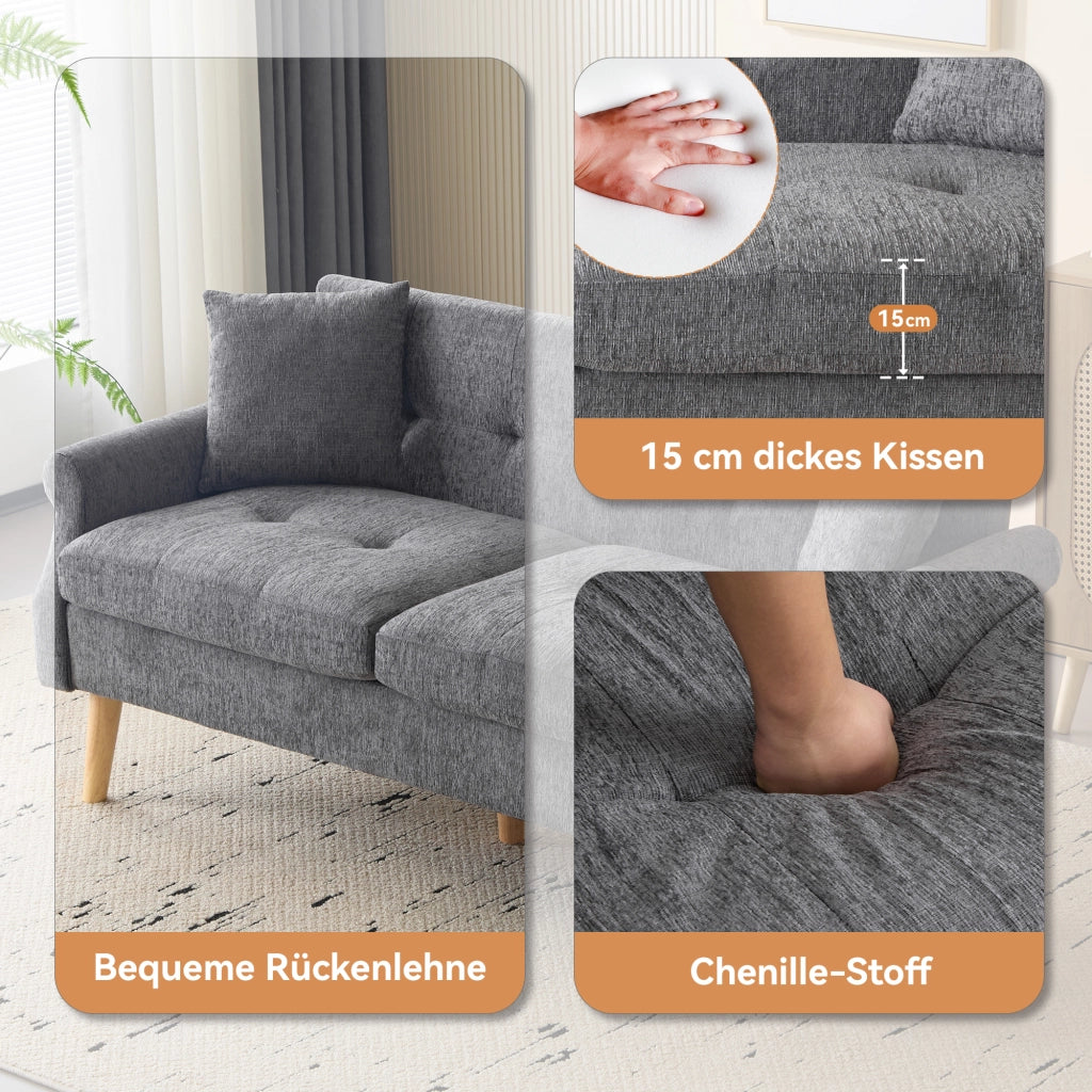 Divano 2 Posti con Cuscini Spessi e Braccioli Ergonomici, in Ciniglia Grigio 162 × 74 × 77 cm