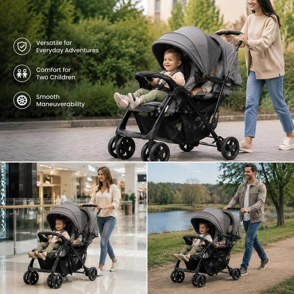 Tandem Twin Stroller, Dark Grey, Steel