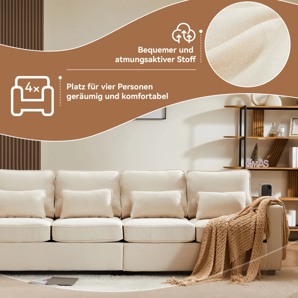 Divano 4 Posti in Tessuto con Braccioli e Cuscini ¨C MINIMAL ¨C Beige/Grigio/Verde