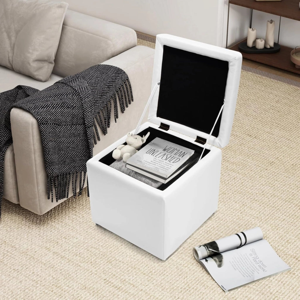 Pouf Contenitore Quadrato in Ecopelle, Pouf Cubo Poggiapiedi Carico Max. 300 kg, 40 x 40 x 40 cm (Bianco)