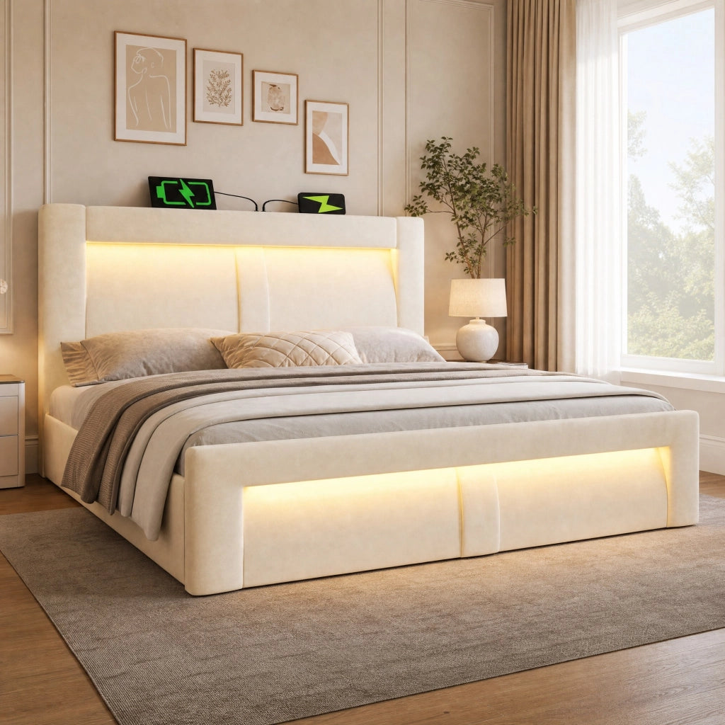Letto matrimoniale contenitore 140 × 200 cm con LED e ricarica USB Type-C in velluto beige