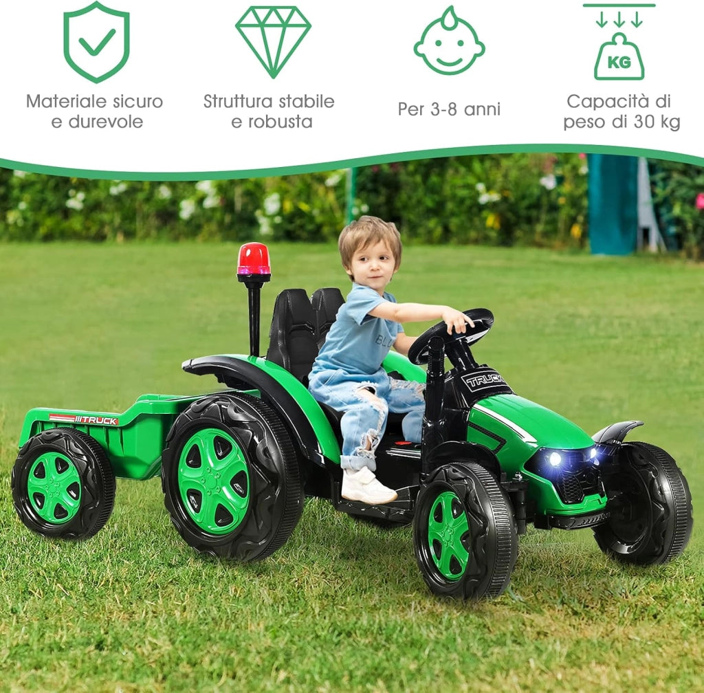Trattore Elettrico per Bambini con Rimorchio, 2 in 1 Go Kart e Trattore per Bambini 3-8 Anni, con Telecomando e Cintura di Sicurezza a 2 Punti (Verde)