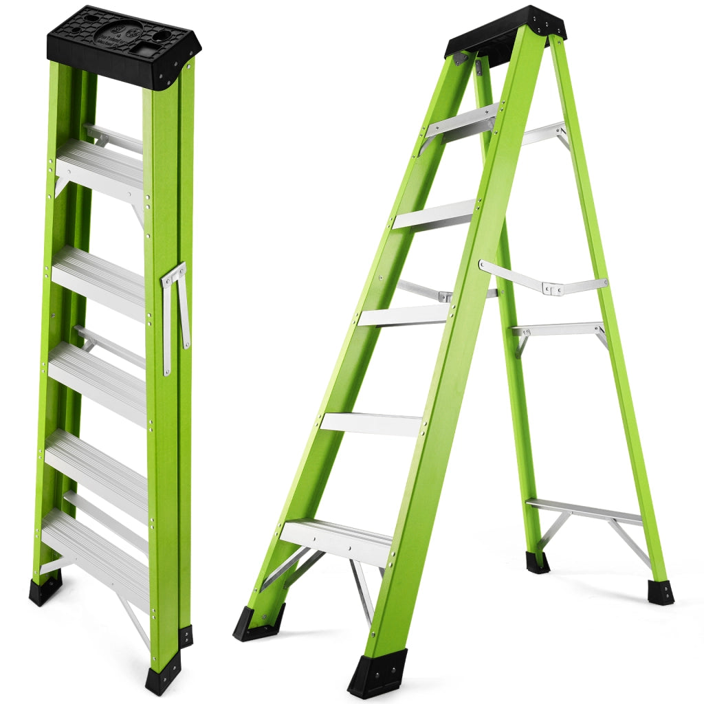 Scala pieghevole in fibra di vetro a 5 gradini, doppia faccia, piedi antiscivolo, portata 150 kg, isolata per lavori elettrici, verde
