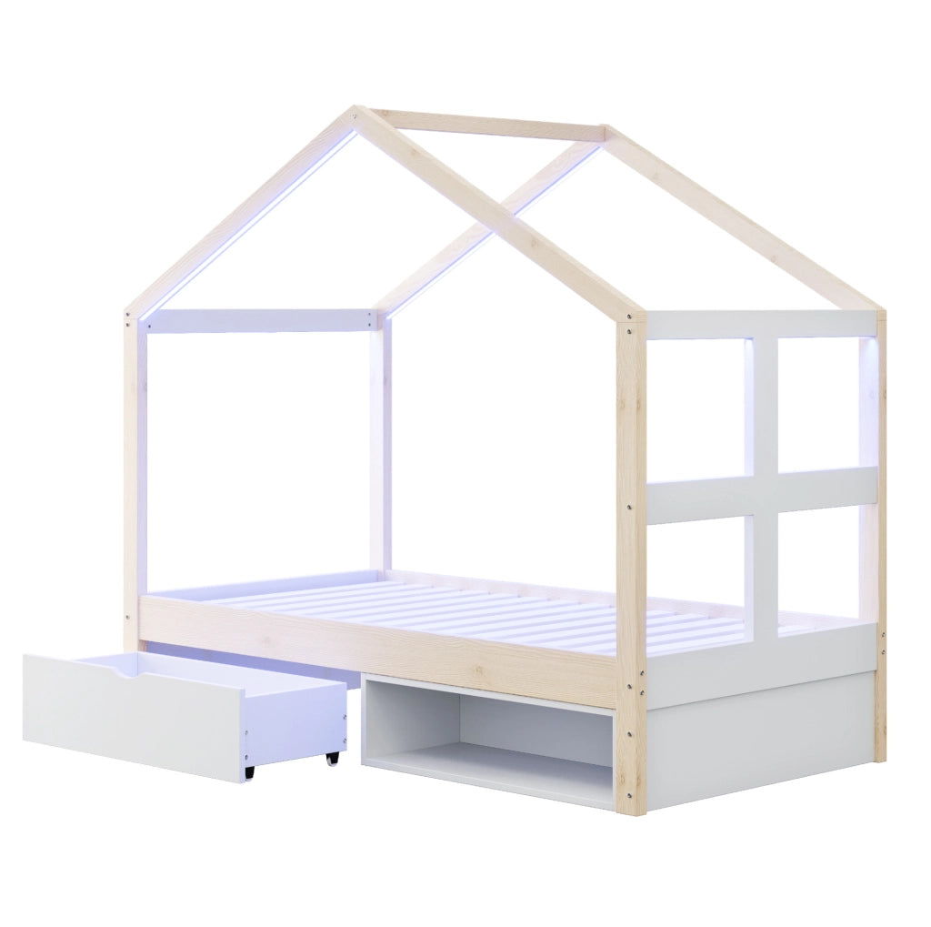Letto a casetta 90x190 cm con cassetti, scarpiera e LED multicolore