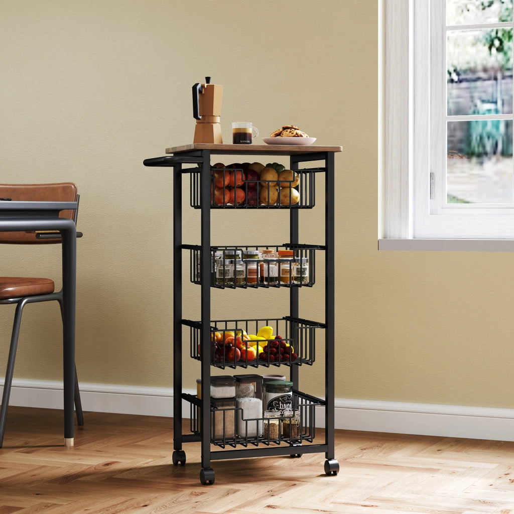 Carrello da Cucina Salvaspazio in Acciaio e Legno con 4 Cestini Estraibili e Ruote con Freno 49.5x31x91 cm Rovere