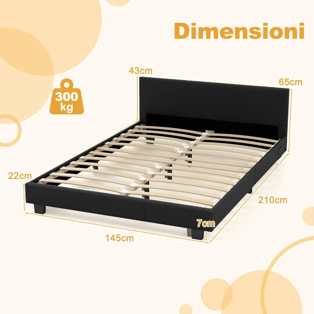 Letto Matrimoniale in Legno, Struttura per Letto Con Testiera Imbottita Luce LED Multicolore e Telecomando, Carico 200 kg, Silenzioso (Nero)