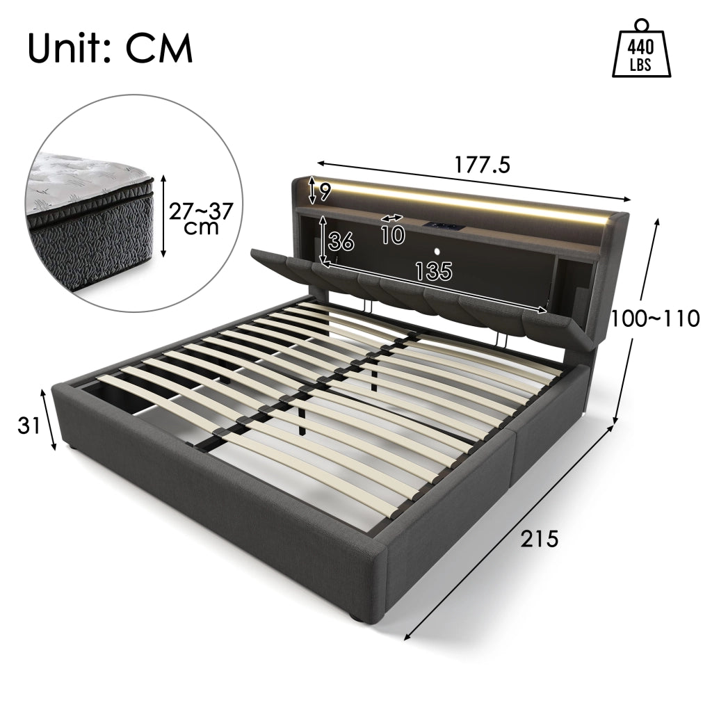 Letto doppio imbottito; 160x200cm; con testiera USB e LED; grigio